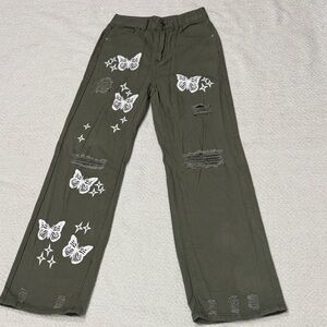 SHEIN Olive Green Butterfly Wide Leg Jeans Sz XS 100% Cotton